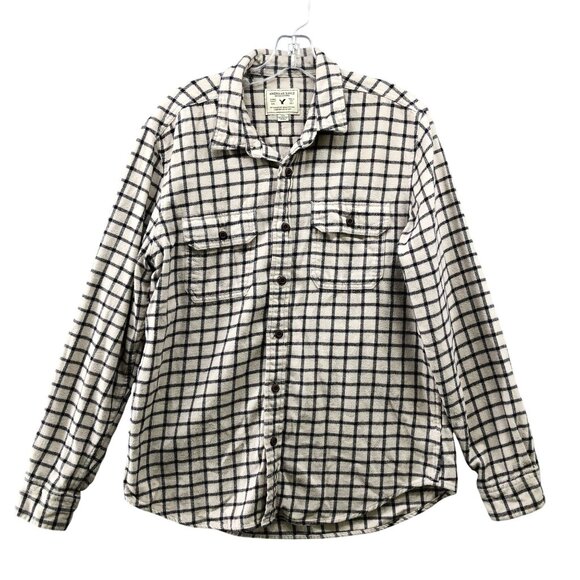 American Eagle Outfitters Other - American Eagle Flannel Shirt Mens‎ Large L Cream Black Grid Plaid Thick Shacket